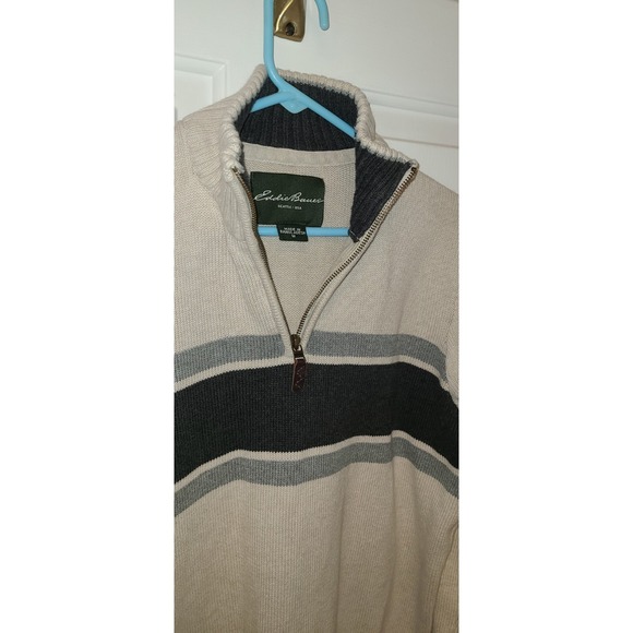 Eddie Bauer Sweater Mens M Navy Gray Striped Beige Cotton Quarter Zip Sweatshirt - Picture 8 of 8